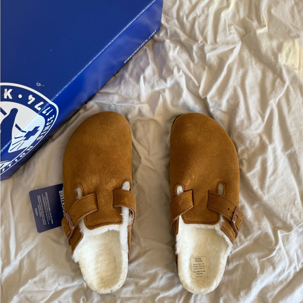 Birkenstock Boston Shearling Clogs in Mink Suede